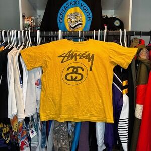 Vintage Stussy Stock Logo T Shirt Yellow Small Made In Mexico Streetwear Graphic